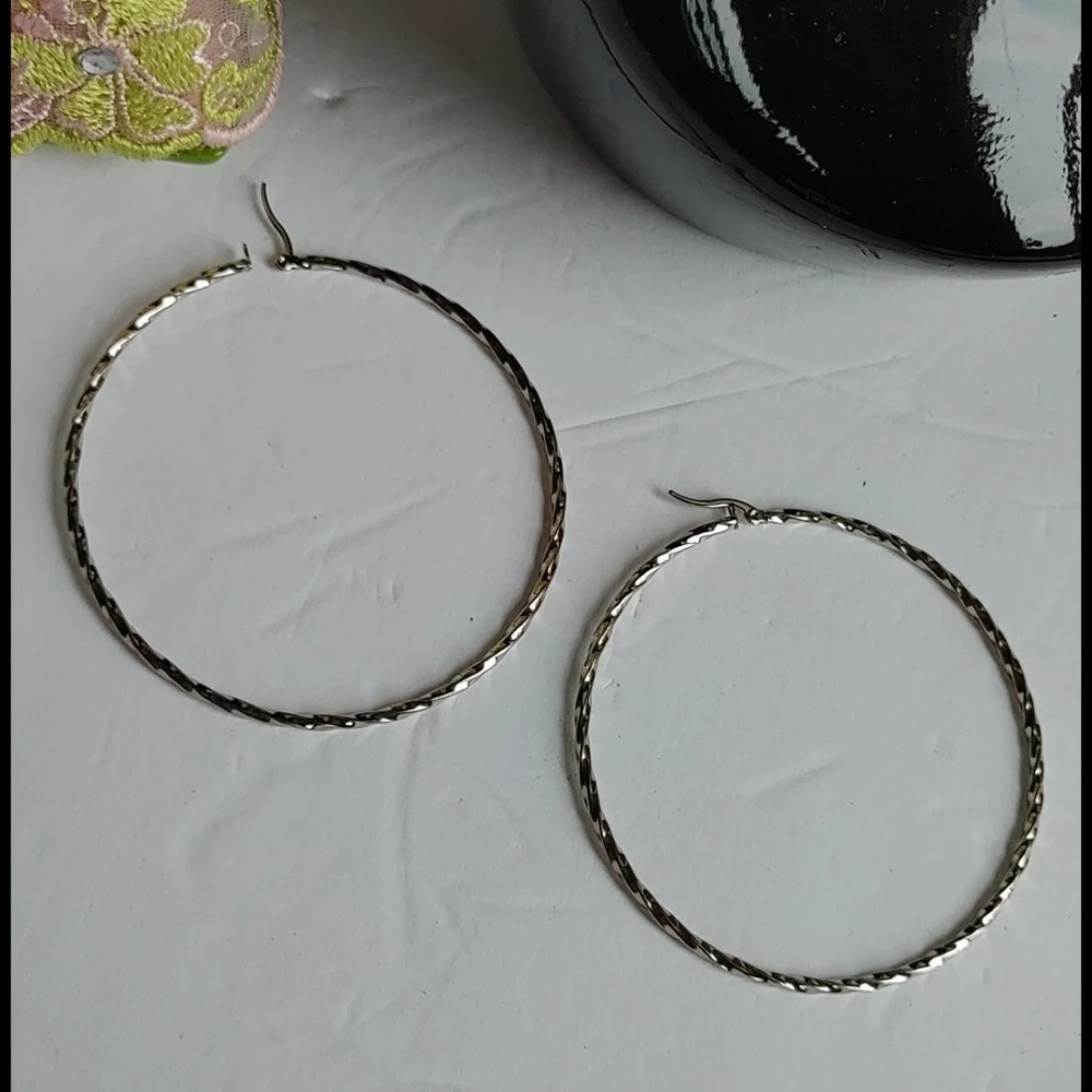 Silver Stainless Steel Large 3" Swirl Hoop Earrings - Picture 2 of 4